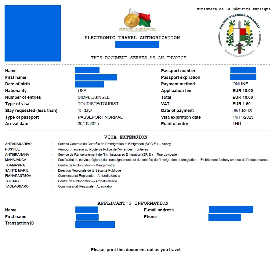 Madagascar eVisa sample